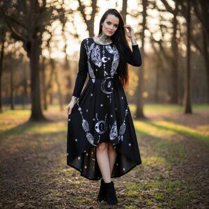 Vintage Moon Feather Print Dress ✦ Black High-Low Long Sleeve ✦ Rope Belt Pocket